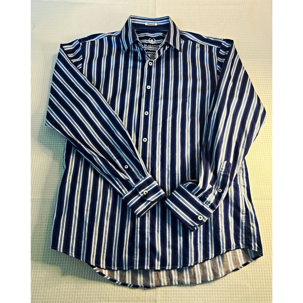 Bugatchi Uomo Shaped Fit L Dress Shirt 16 32/33 Blue/White Stripe Cotton-medium